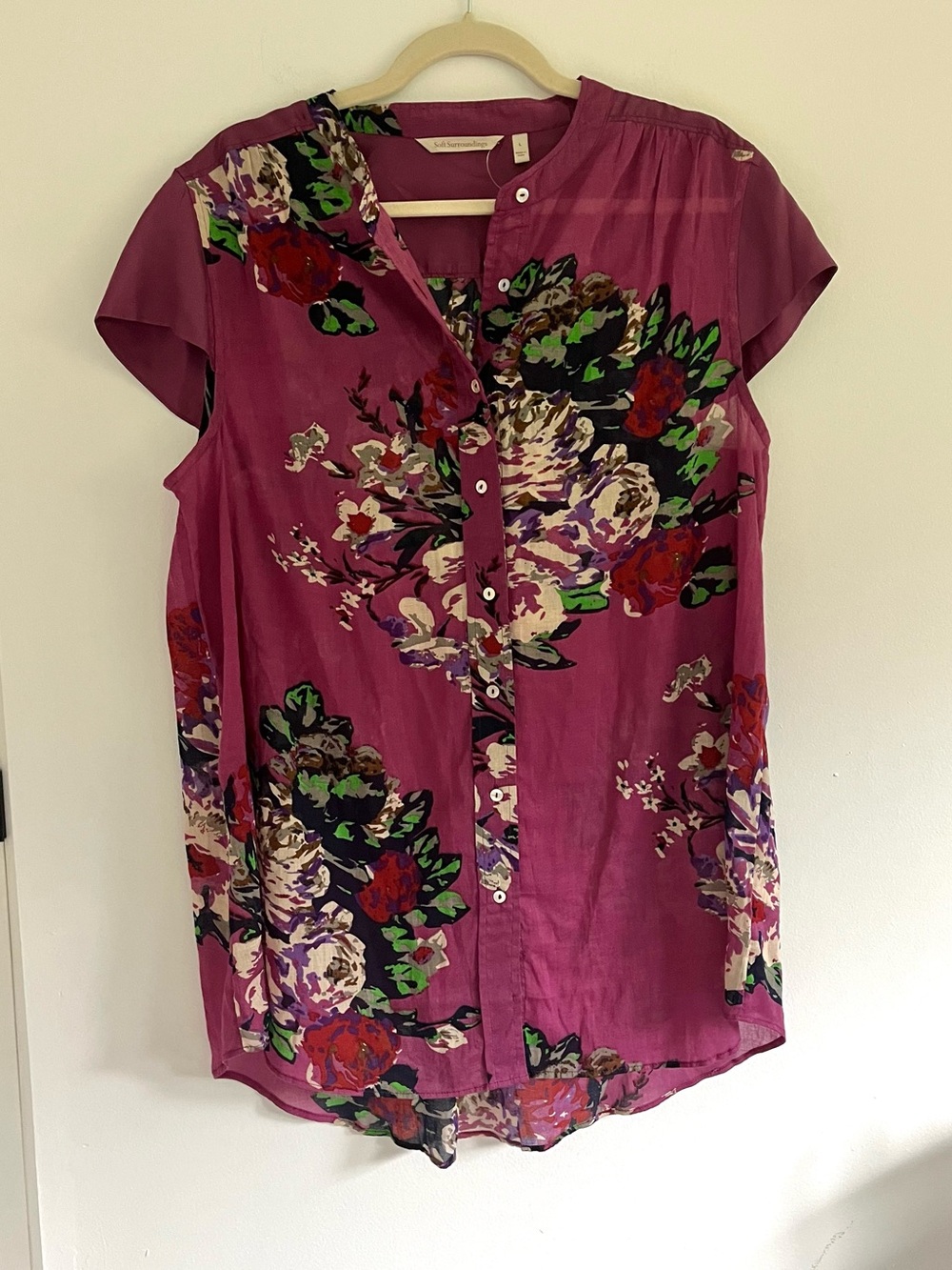 NWT Soft Surroundings Cotton Silk Magenta Floral Button-Front Cap Sleeve Tunic L